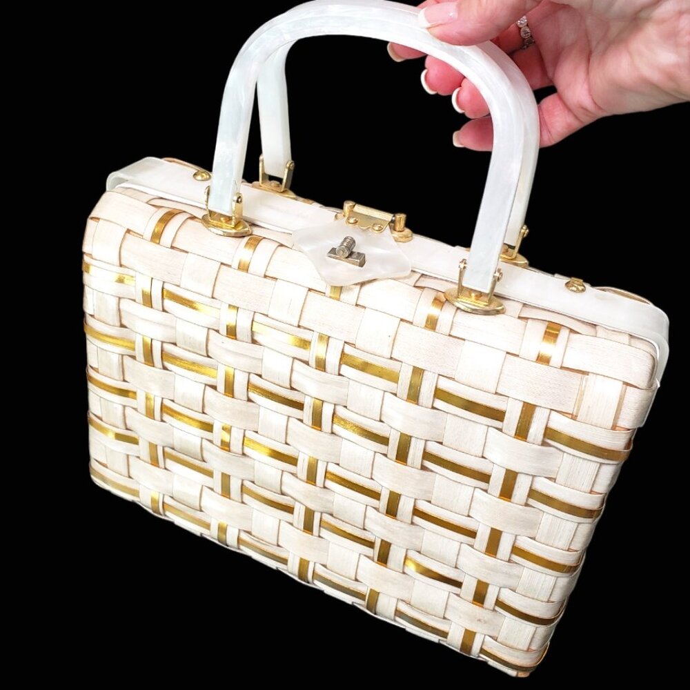 Vintage Stylecraft White Gold OffWhite Double MOP Handles Woven Purse Handbag